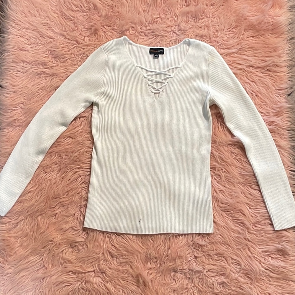 V-neck Eyelet Strap Back Sweater